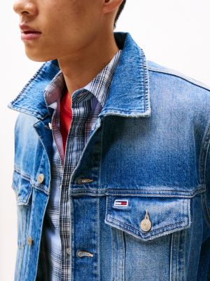 blue ryan back crest embroidery trucker jacket for men tommy jeans