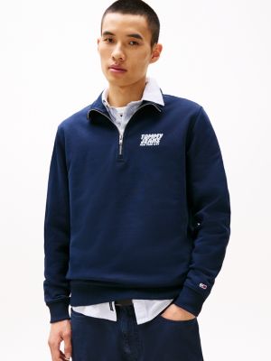 blue sweatshirt met rits en bubbellogo op de rug voor heren - tommy jeans