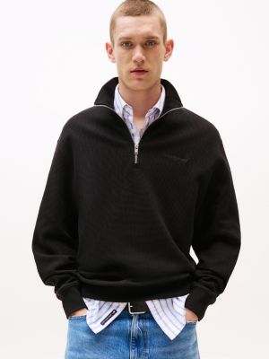 pullover relaxed fit a nido d'ape con zip black da uomini tommy jeans