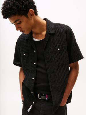 schwarz regular fit kurzarm-hemd aus waffelstrick für herren - tommy jeans