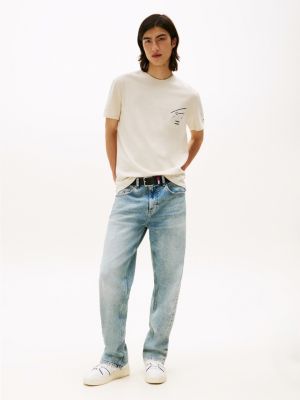beige t-shirt met ronde hals en signature-logo voor heren - tommy jeans