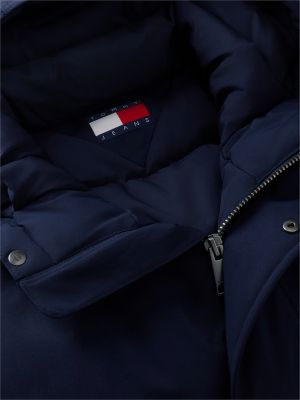 blue water resistant padded hooded bomber jacket for men tommy jeans