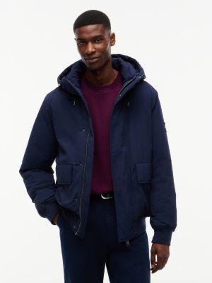 blue water resistant padded hooded bomber jacket for men tommy jeans