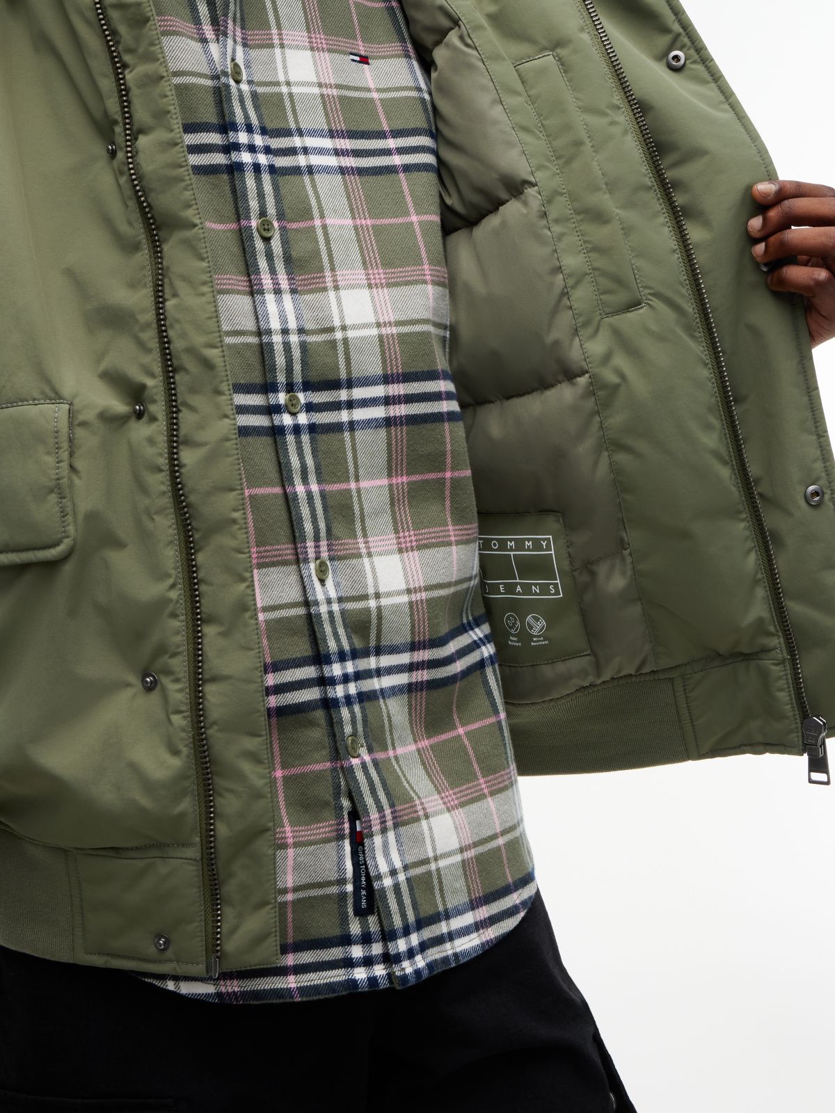 Water Resistant Padded Hooded Bomber Jacket — Green
