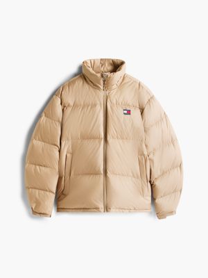 beige down hooded ripstop alaska puffer jacket for men tommy jeans