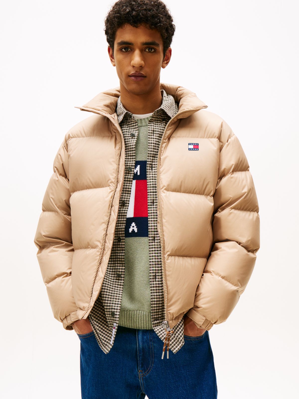 Down Hooded Ripstop Alaska Puffer Jacket — Beige