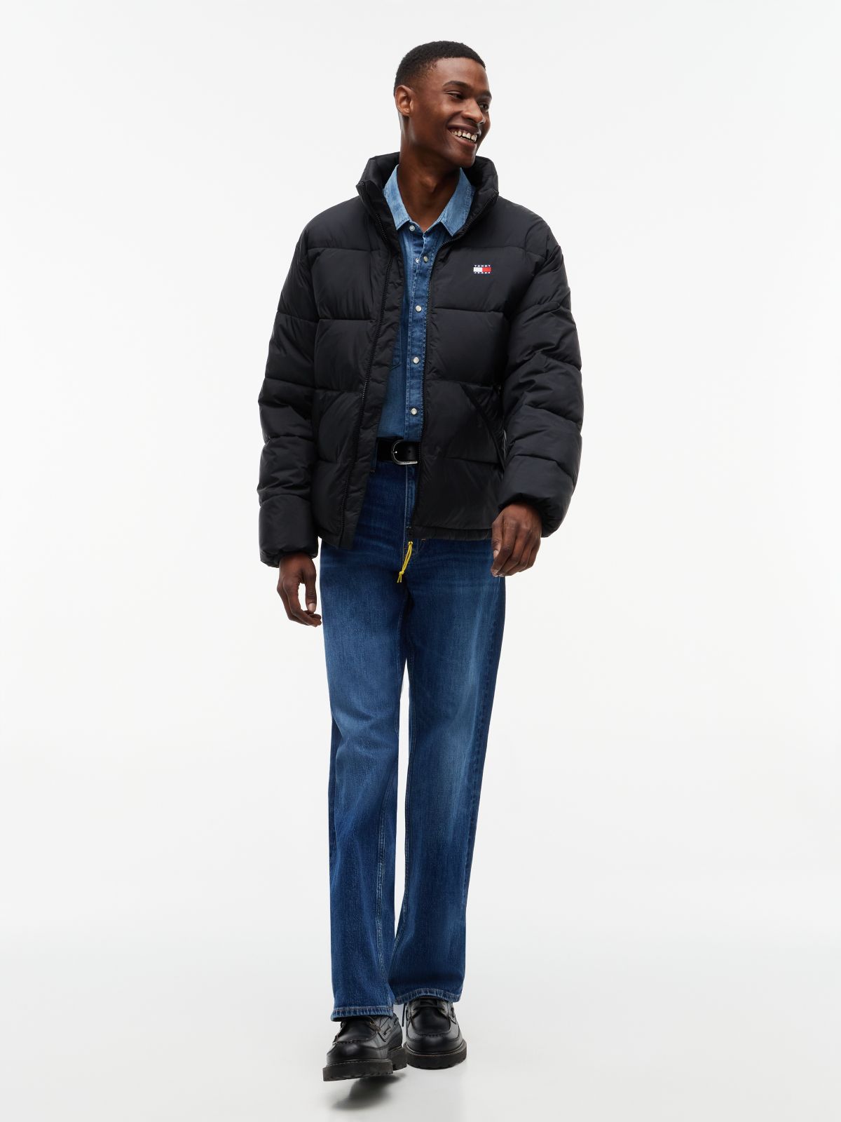 Water Repellent Crinkle Relaxed Puffer Jacket — Black