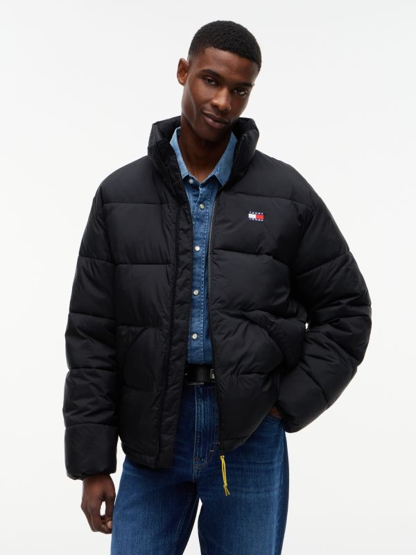 Water Repellent Crinkle Relaxed Puffer Jacket — Black