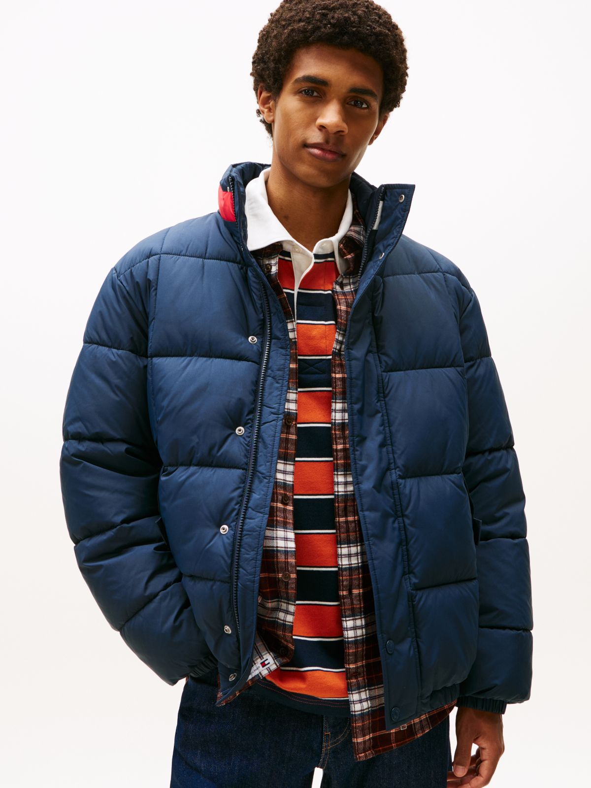 Colour-Blocked Collar Relaxed Puffer Jacket — Blue