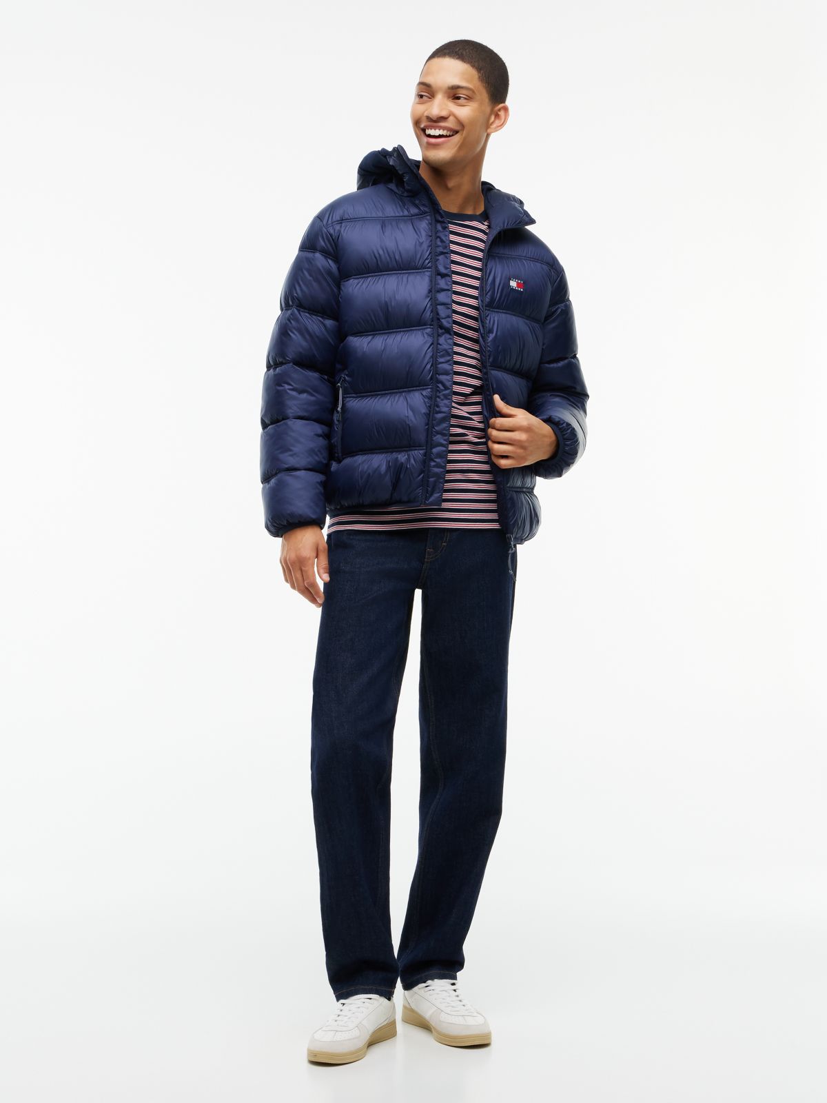 Tonal Logo Hooded Puffer Jacket — Blue