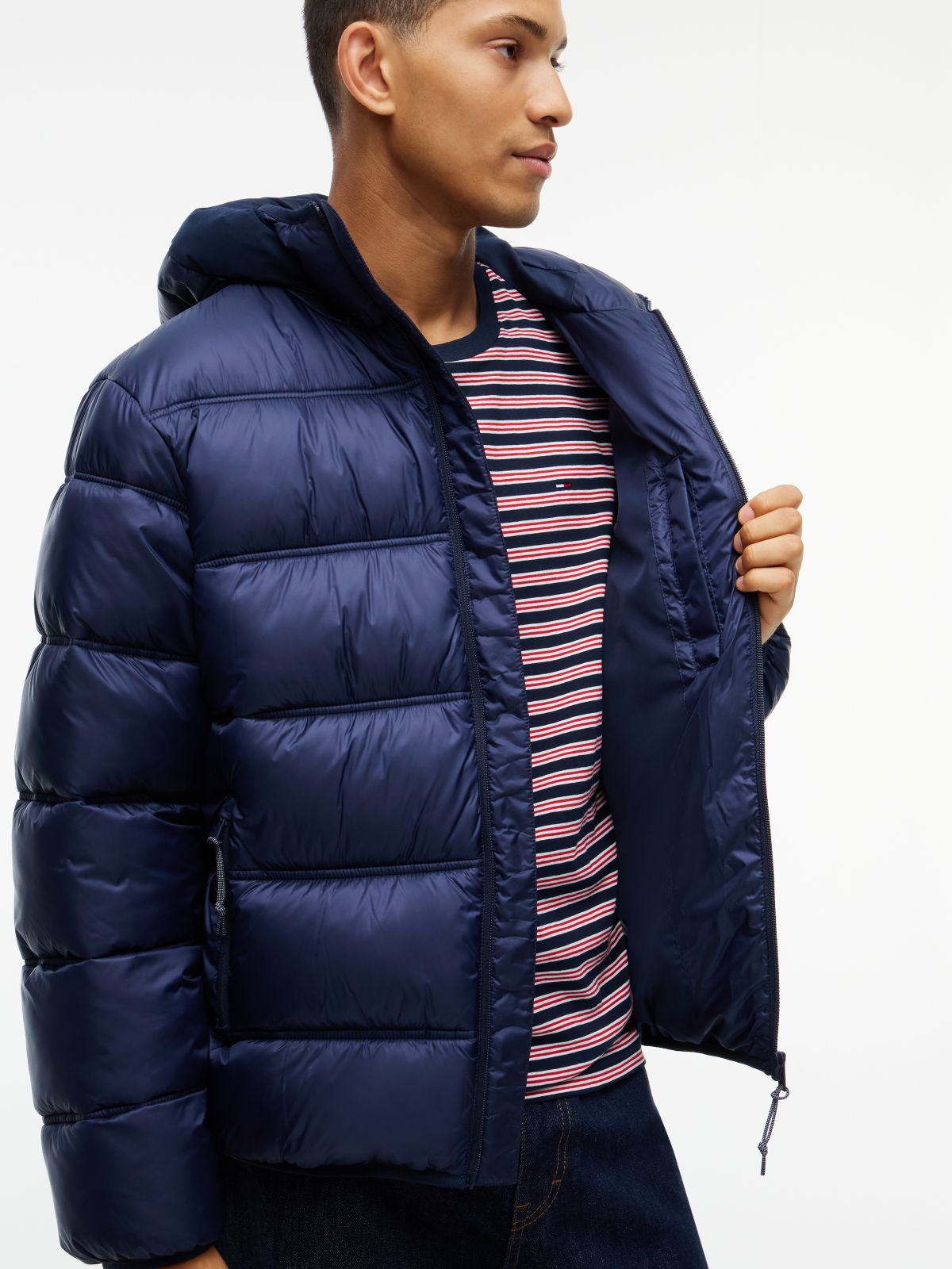 Tonal Logo Hooded Puffer Jacket — Blue