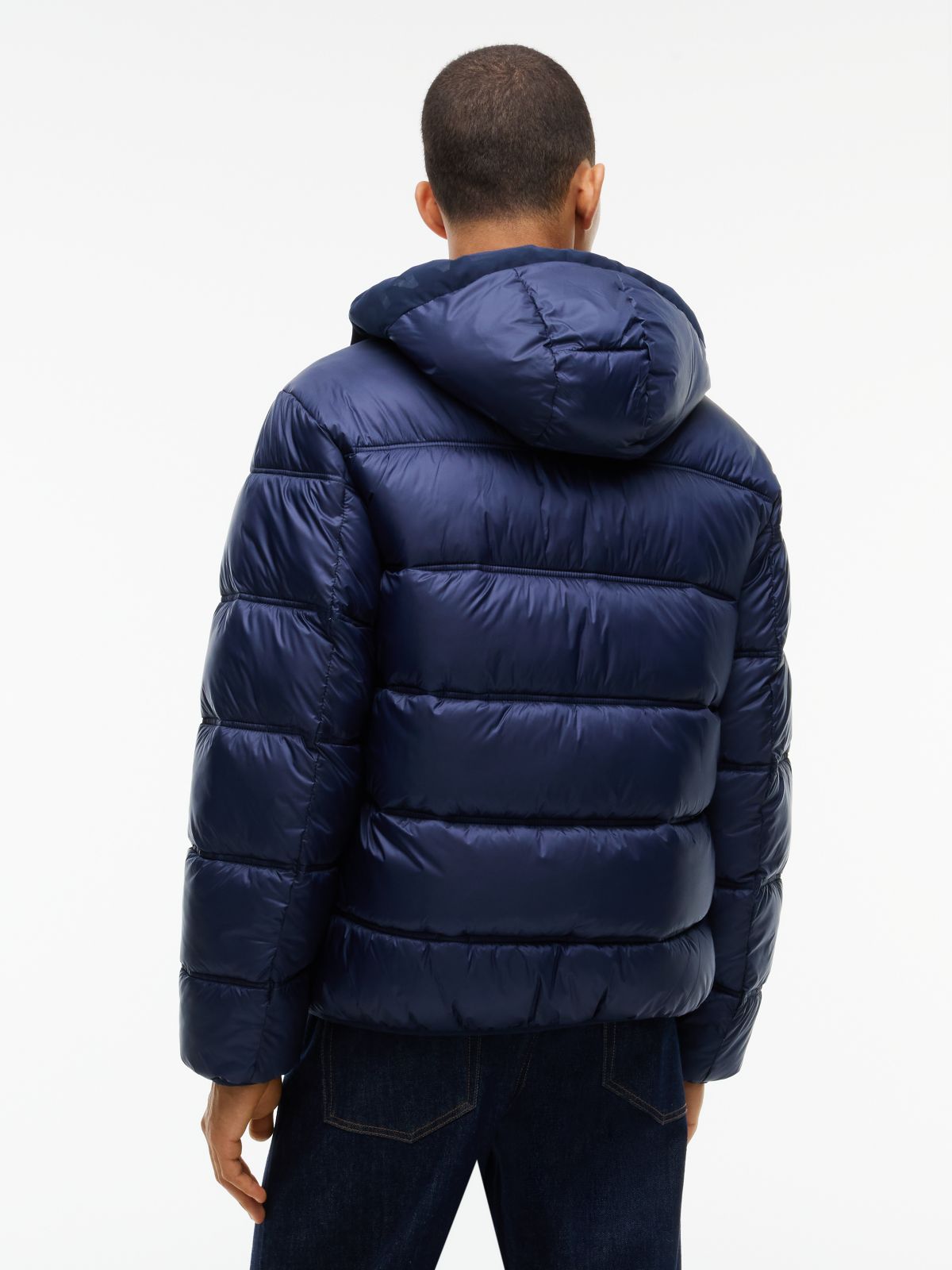 Tonal Logo Hooded Puffer Jacket — Blue