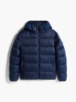 niebieski puchowa kurtka z kapturem i logo dla mężczyźni - tommy jeans