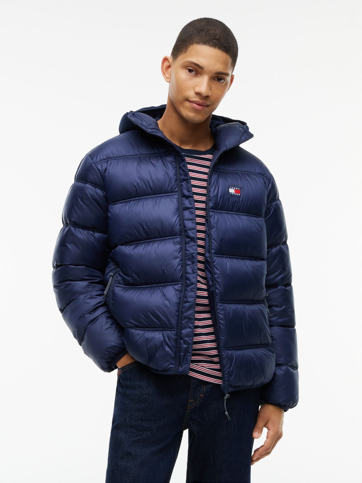 Tonal Logo Hooded Puffer Jacket — Blue
