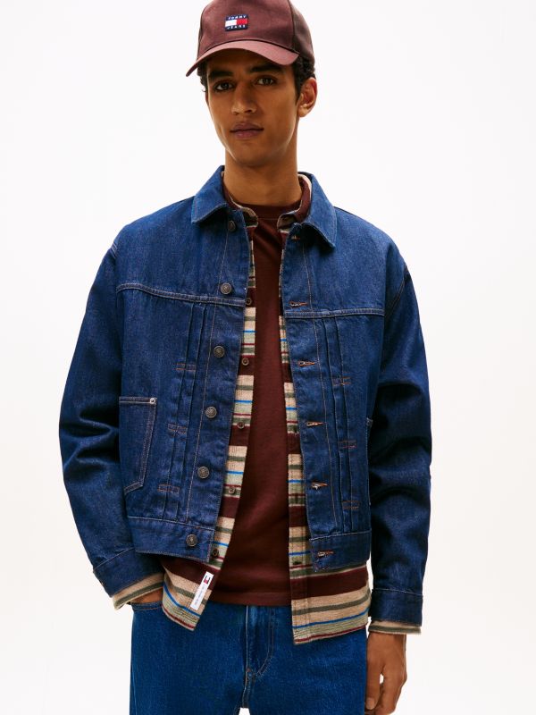 Pleated Denim Trucker Jacket — Blue
