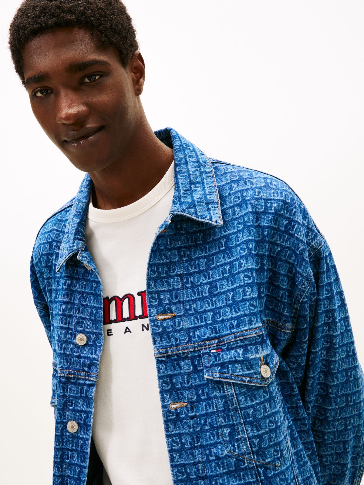 Spell-Out Logo Oversized Denim Trucker Jacket — Blue