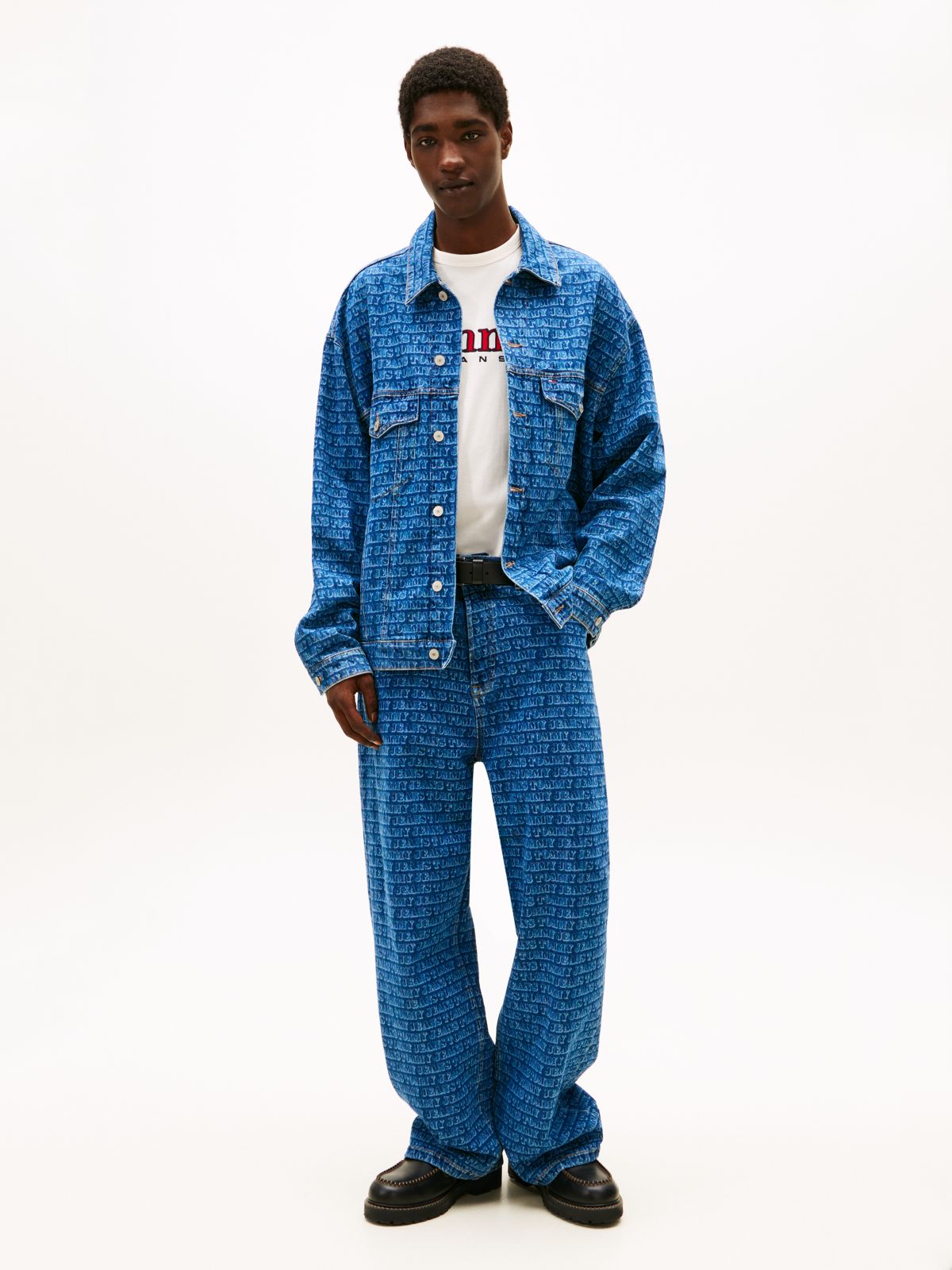Spell-Out Logo Oversized Denim Trucker Jacket — Blue