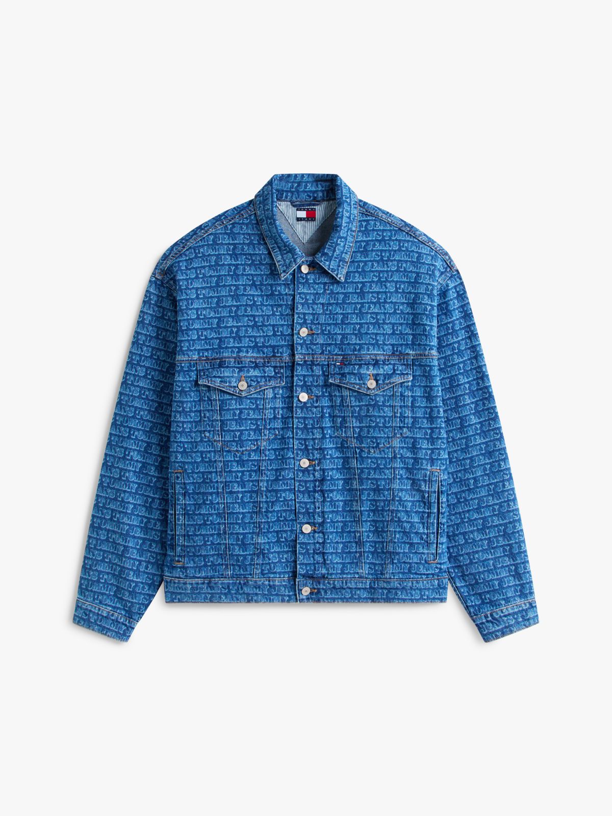 Spell-Out Logo Oversized Denim Trucker Jacket — Blue