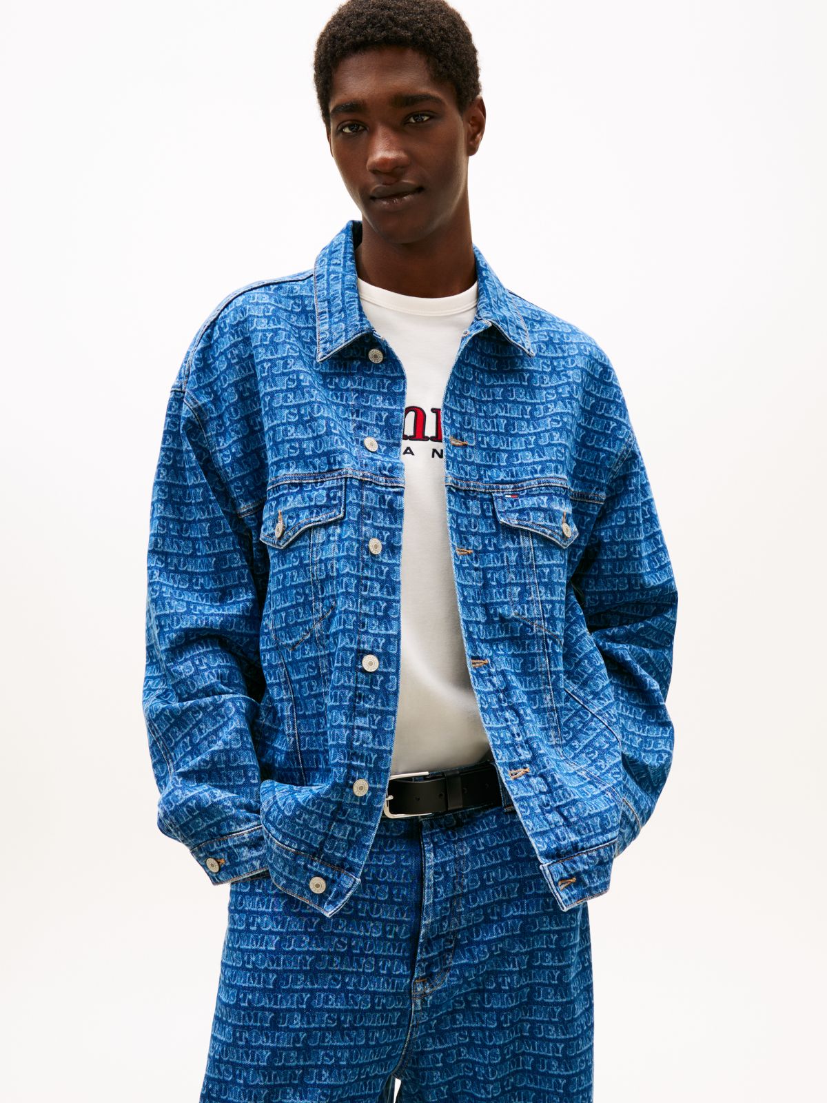 Spell-Out Logo Oversized Denim Trucker Jacket — Blue