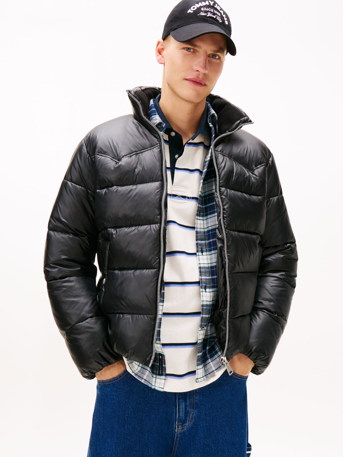 Water Repellent Twill Relaxed Puffer Jacket — Black