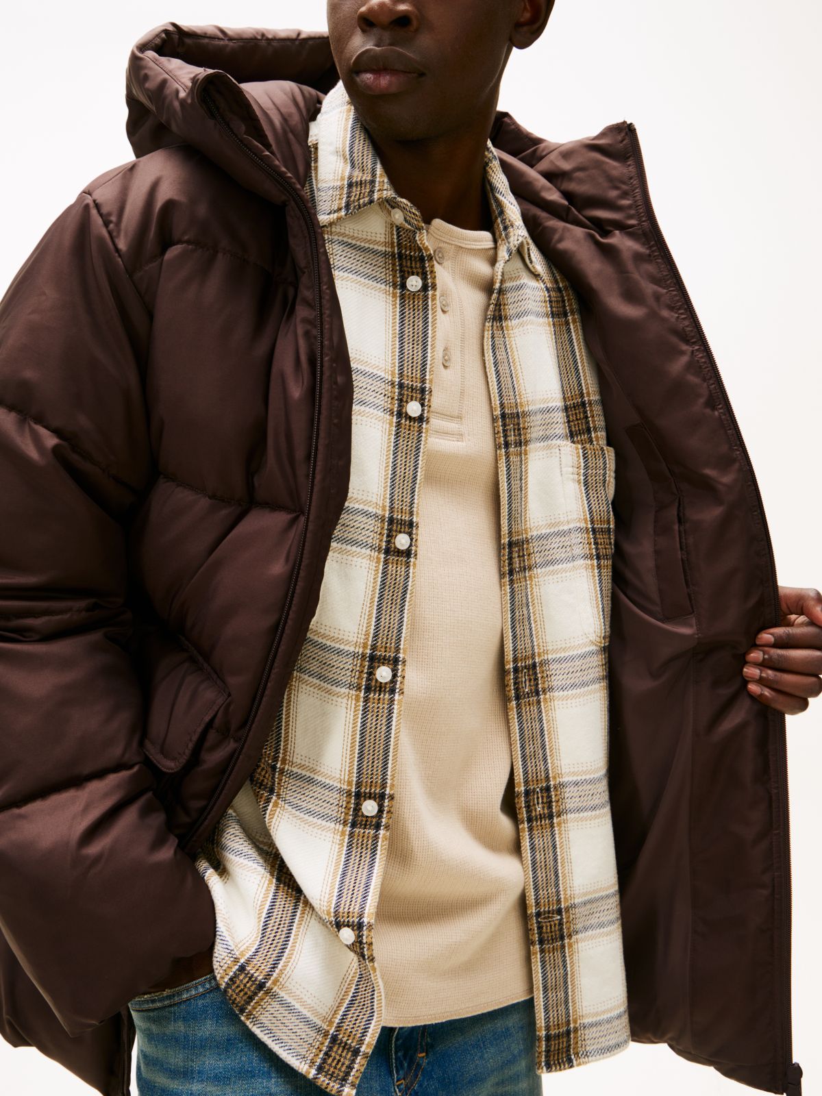 Water Repellent Relaxed Puffer Jacket — Brown
