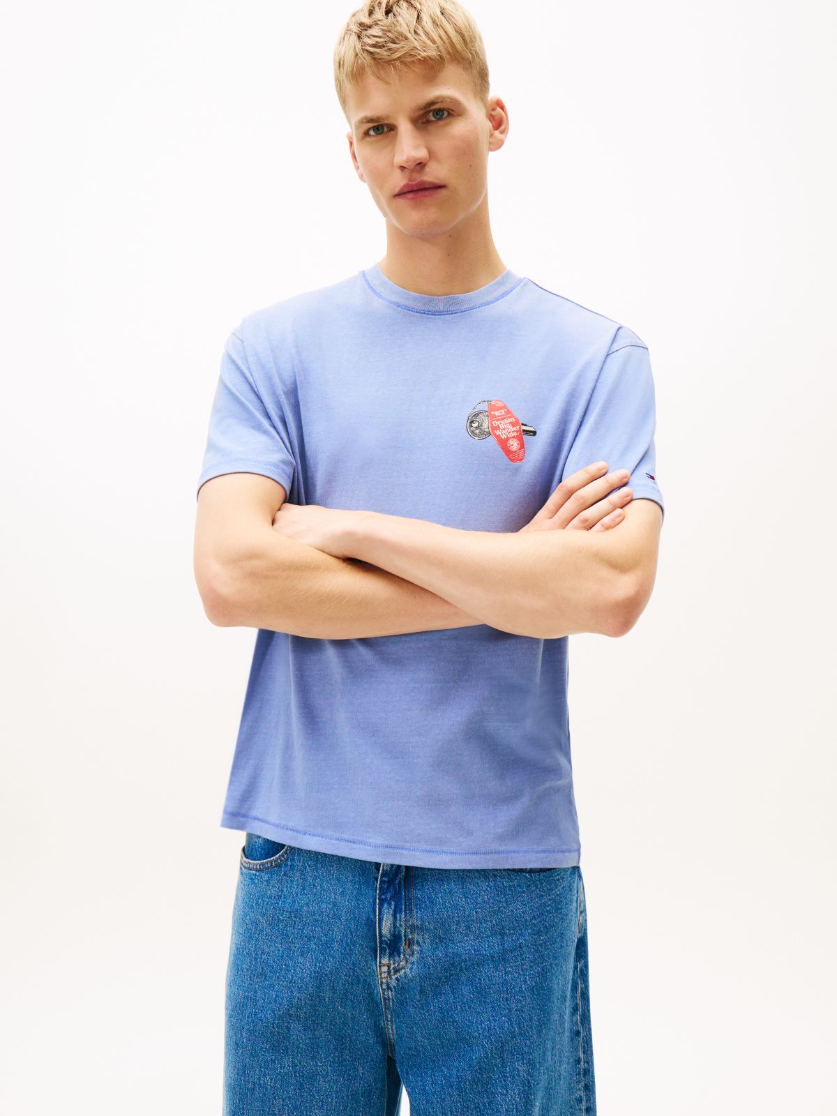 Back Slogan Textured Relaxed T-Shirt — Blue
