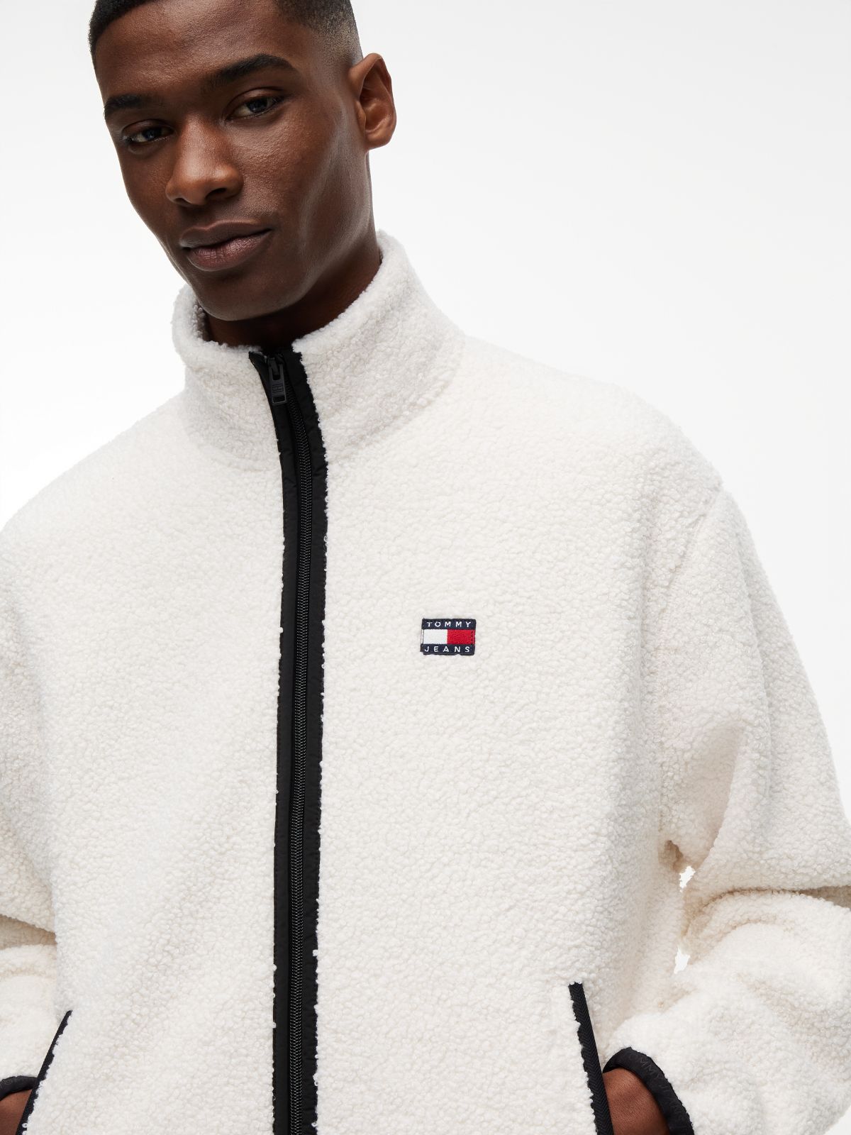 Badge Teddy Relaxed Zip-Thru Sweatshirt — Beige