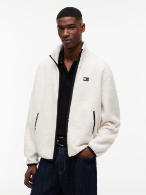 beige badge teddy relaxed zip-thru sweatshirt for men tommy jeans