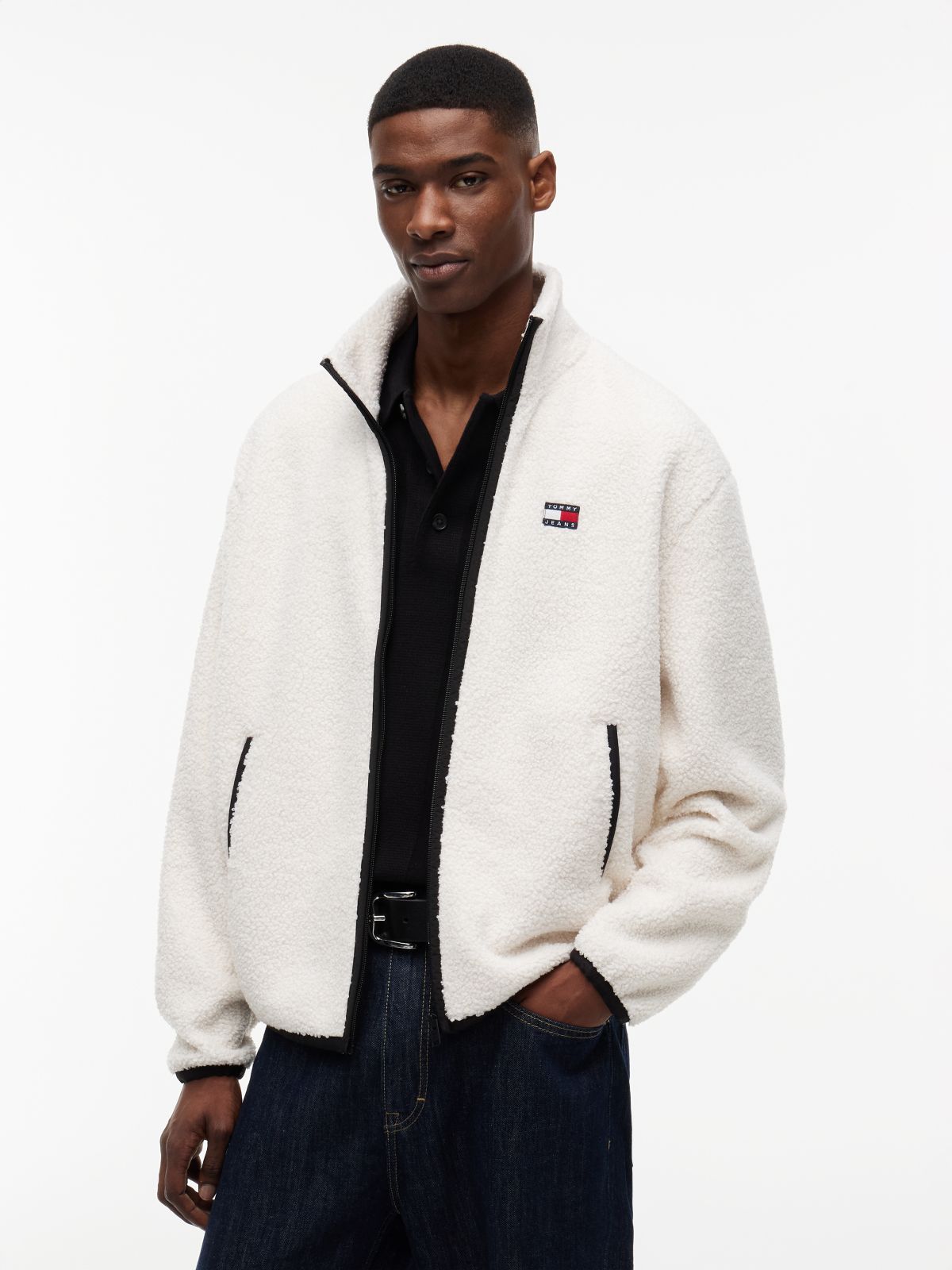 Badge Teddy Relaxed Zip-Thru Sweatshirt — Beige