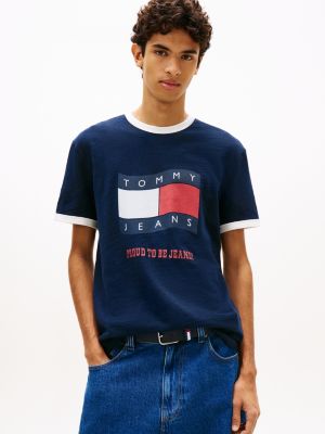 t-shirt en jersey texturé à drapeau ondulé blue pour hommes tommy jeans