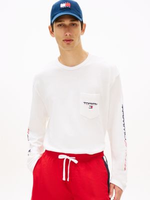 white patch pocket relaxed long sleeve t-shirt for men tommy jeans