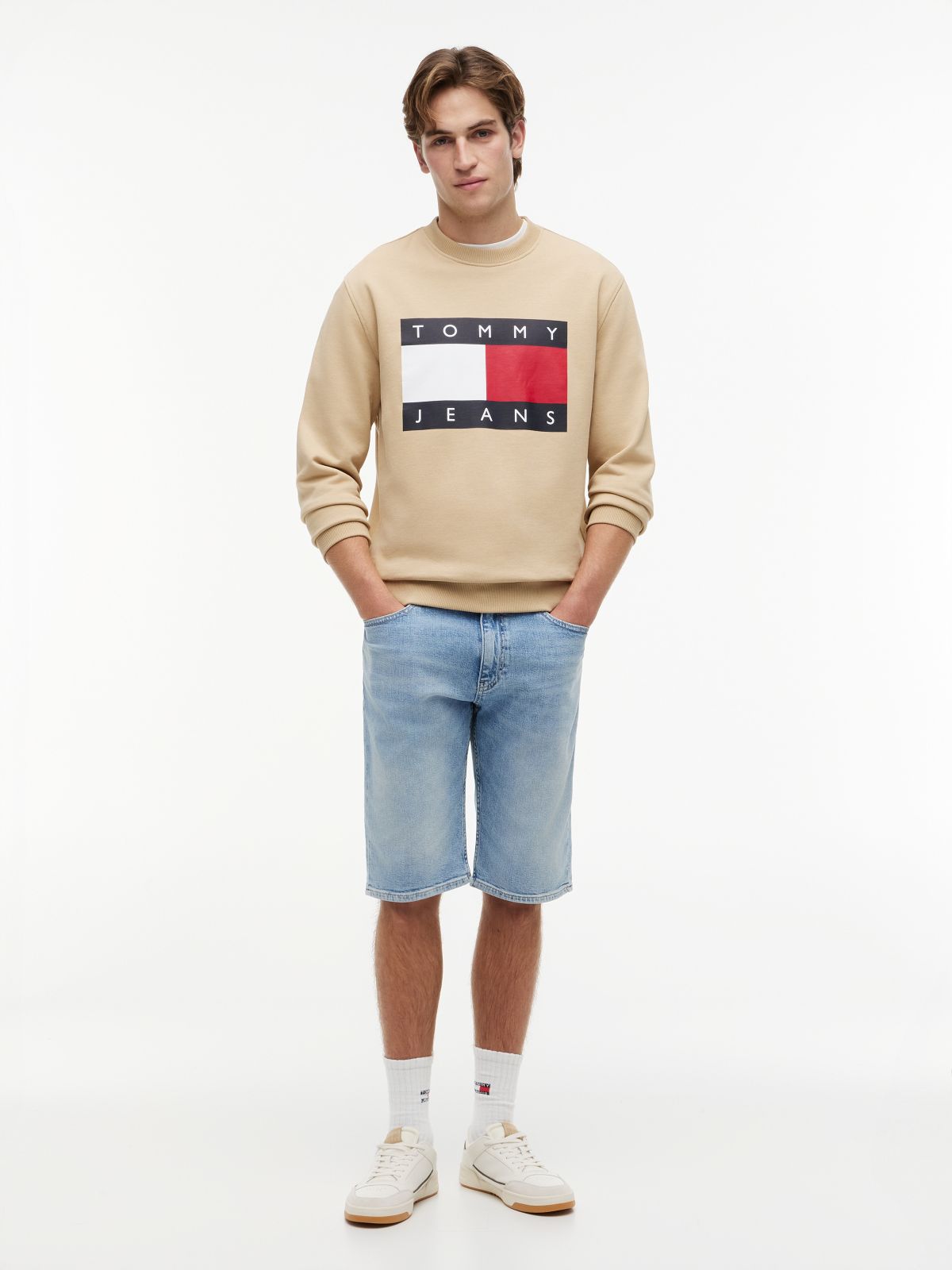 Flag Badge Crew Neck Sweatshirt — Beige