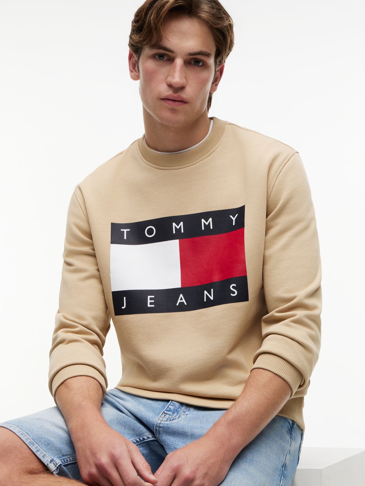 Flag Badge Crew Neck Sweatshirt — Beige