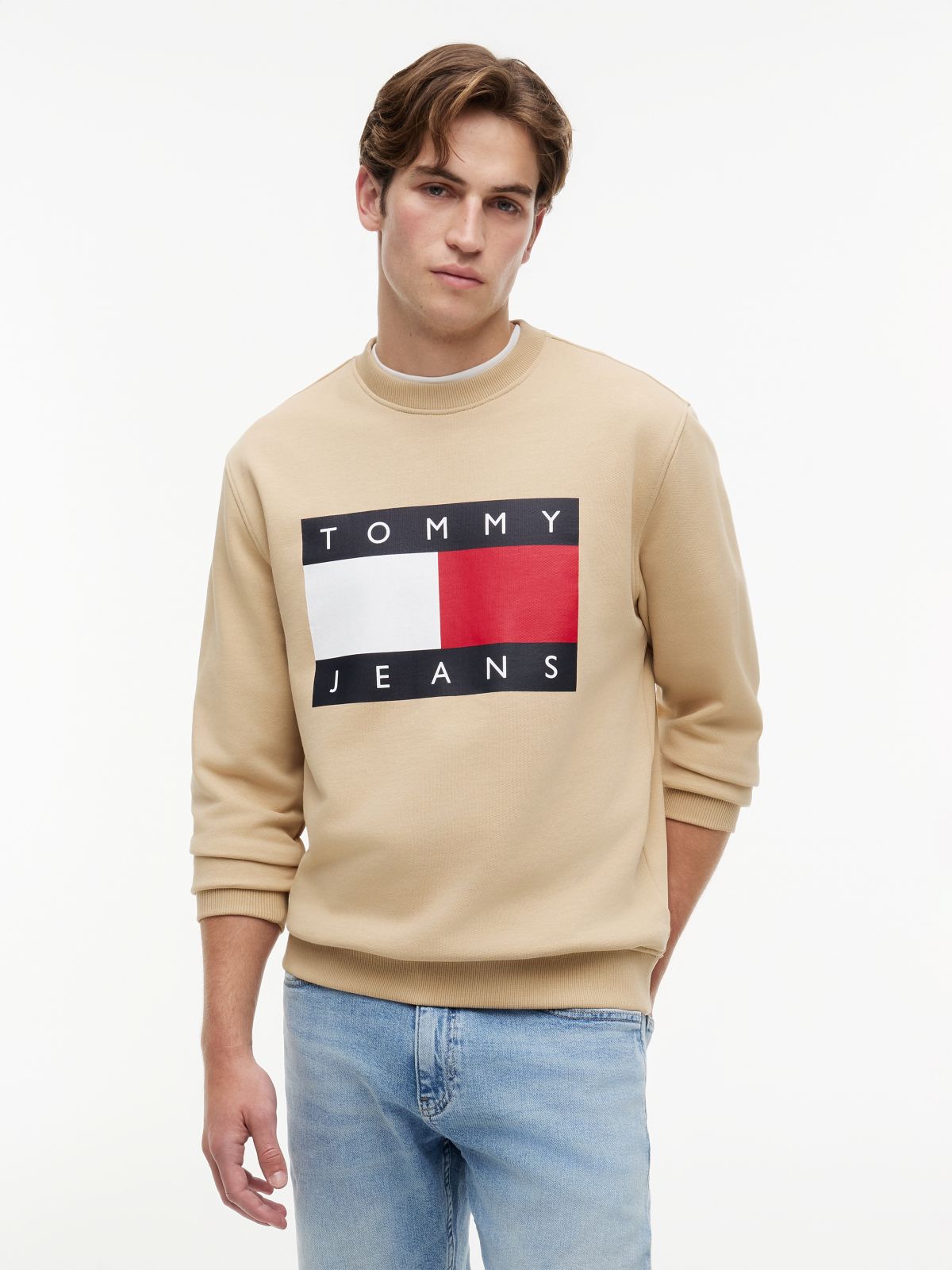 Flag Badge Crew Neck Sweatshirt — Beige