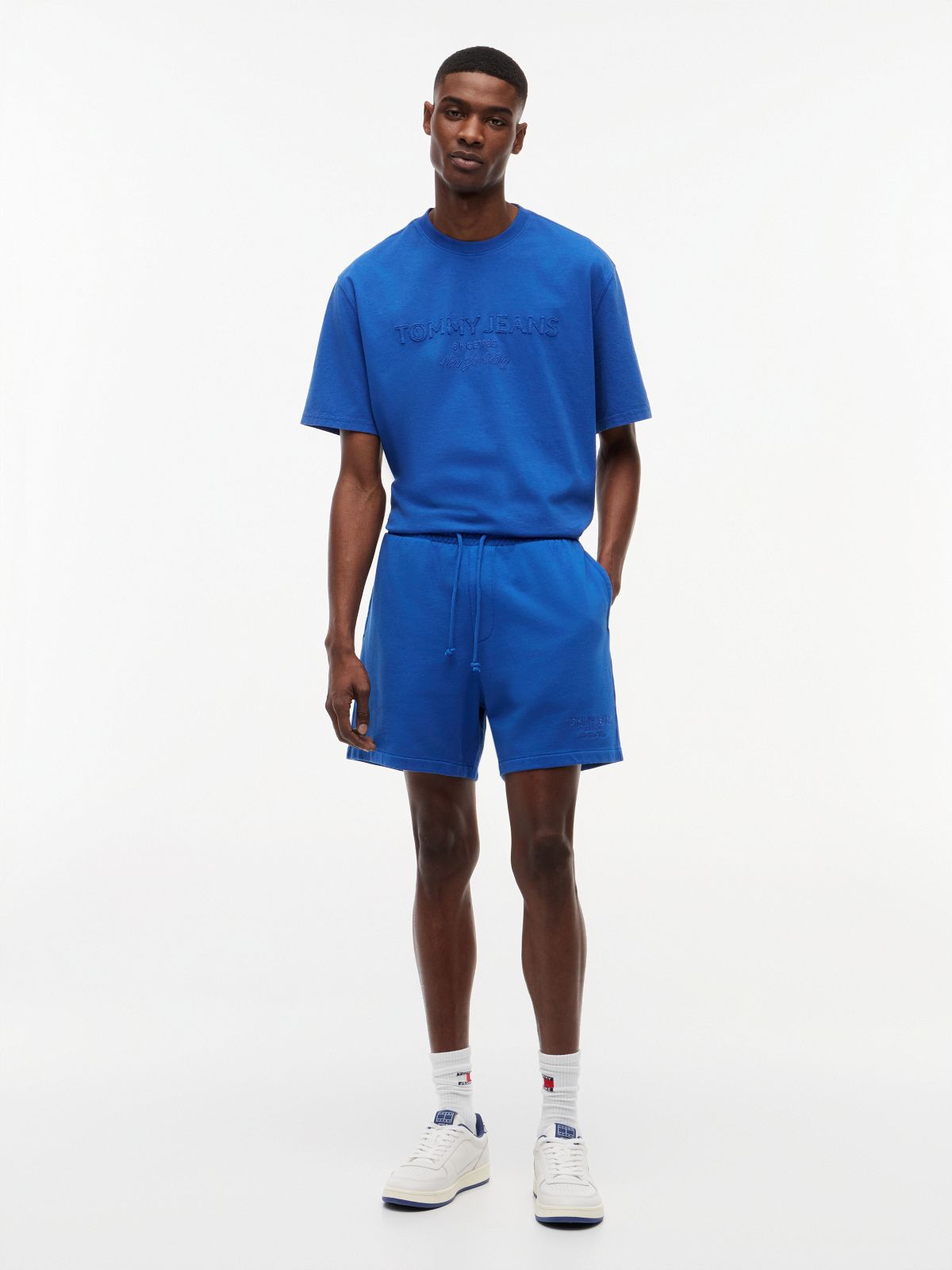 Classic Tonal Logo Embroidery Sweat Shorts — Blue