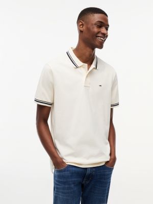 beige tommy flag regular fit tipped polo shirt for men tommy jeans