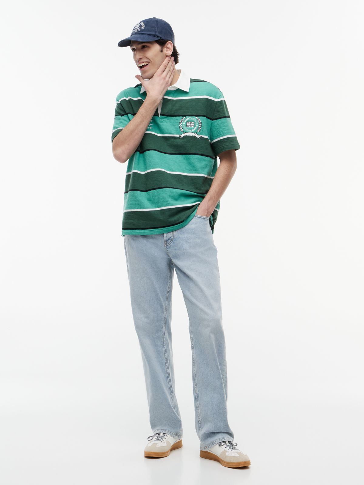 Relaxed Fit Rugby Stripe Embroidery Polo Shirt — Green