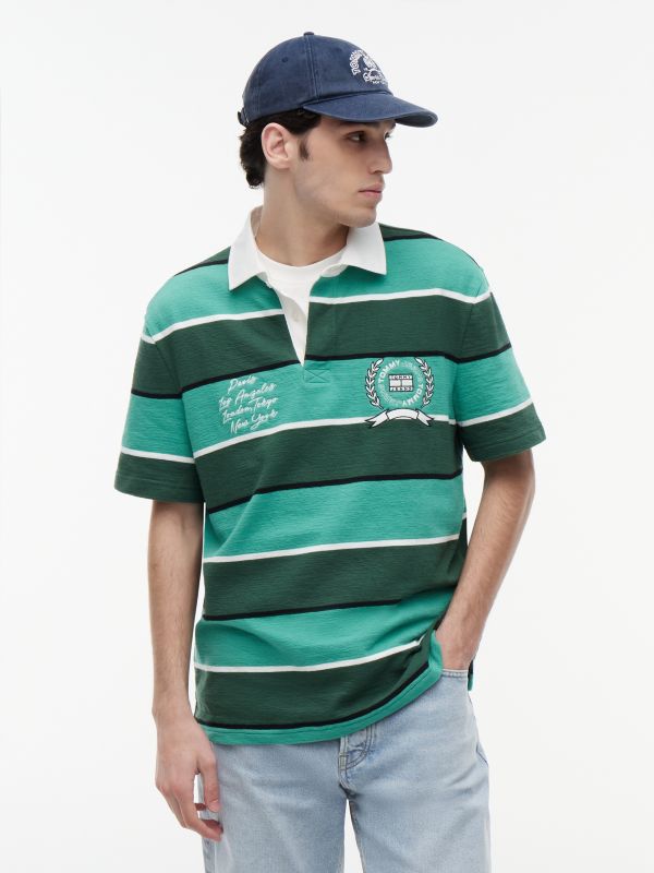Relaxed Fit Rugby Stripe Embroidery Polo Shirt — Green