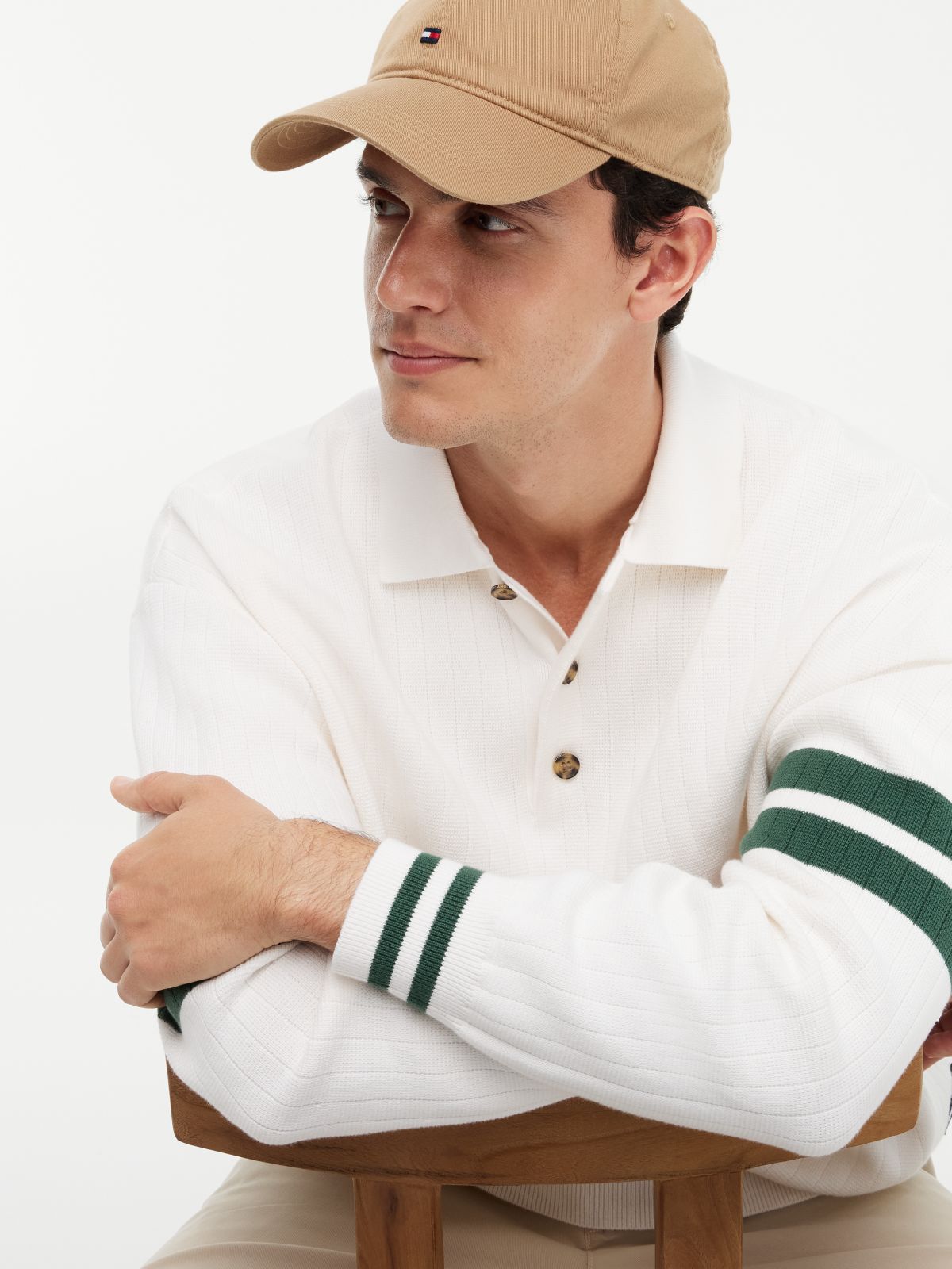 90s Tommy Badge Stripe Sleeve Polo Jumper — White