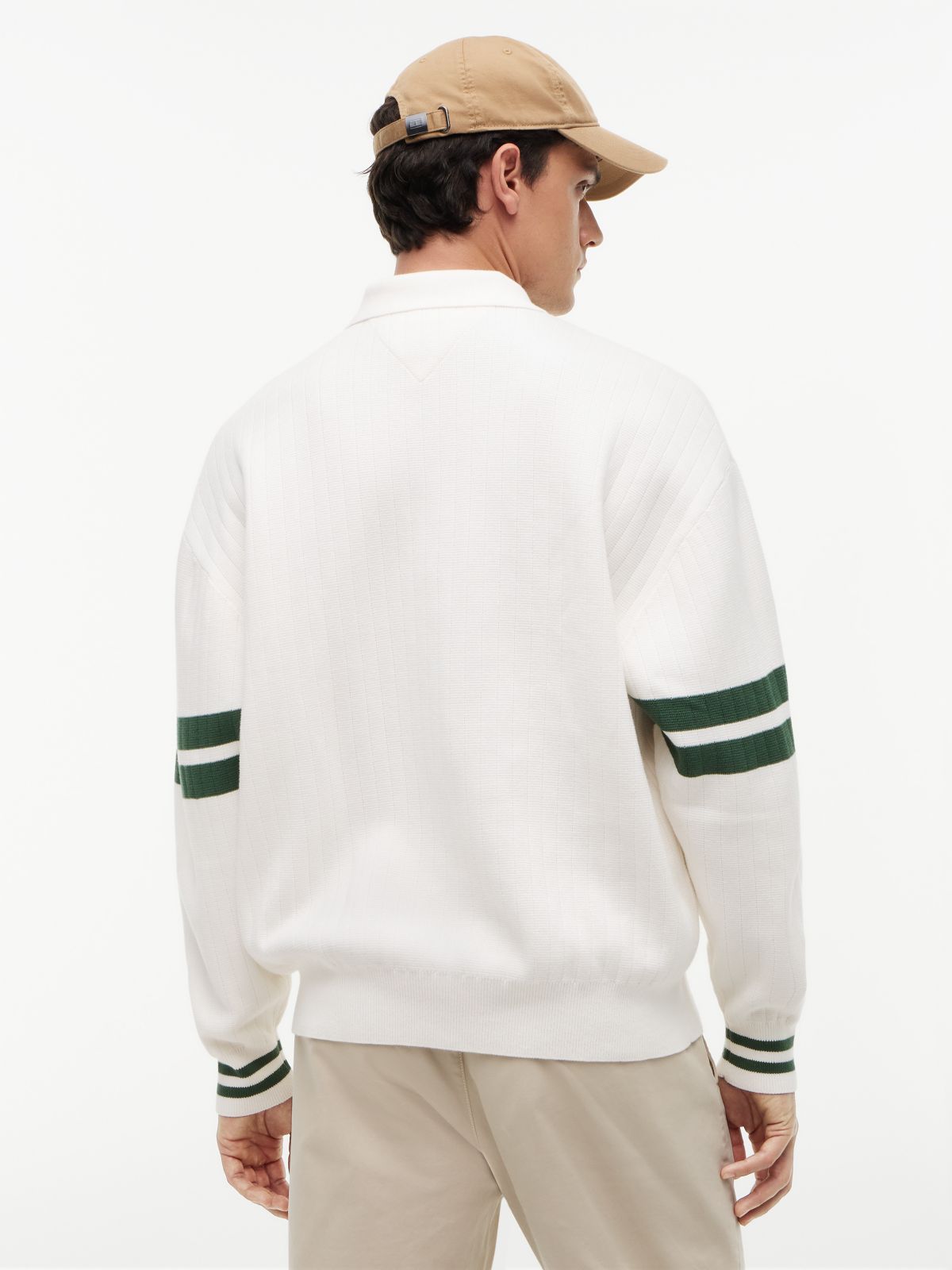 90s Tommy Badge Stripe Sleeve Polo Jumper — White