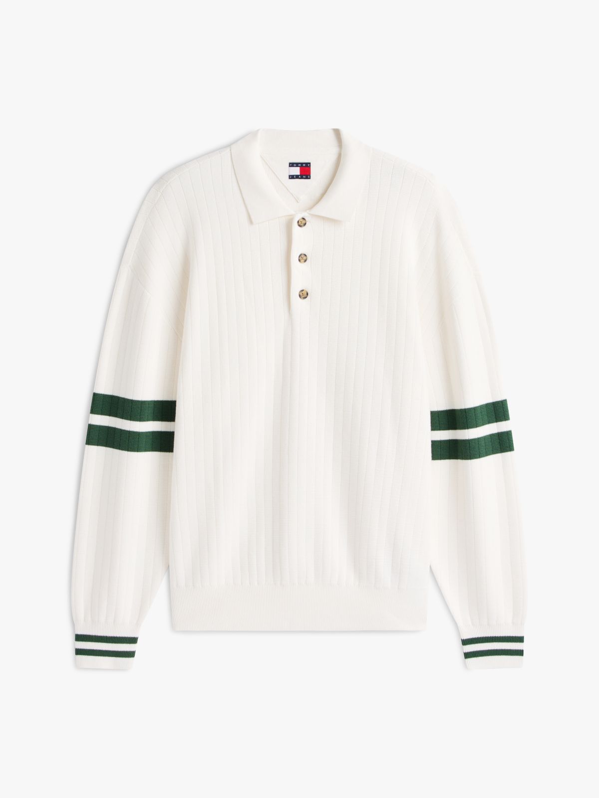 90s Tommy Badge Stripe Sleeve Polo Jumper — White