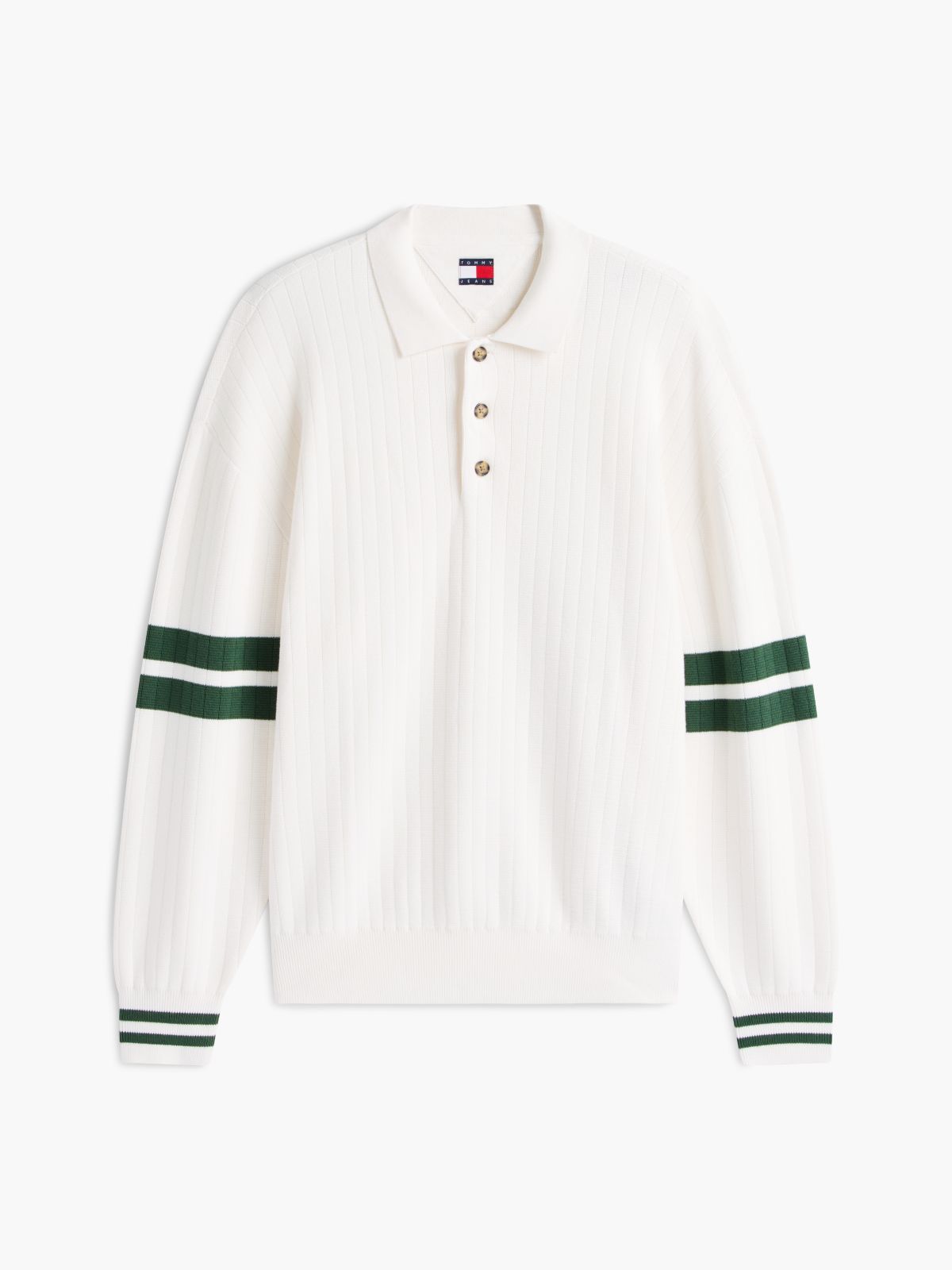 90s Tommy Badge Stripe Sleeve Polo Jumper — White