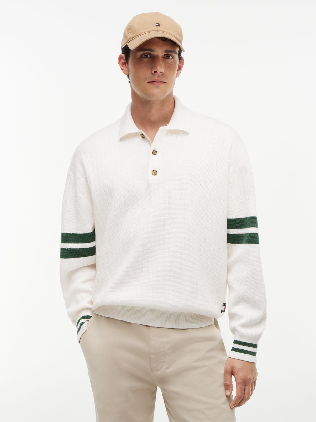90s Tommy Badge Stripe Sleeve Polo Jumper — White