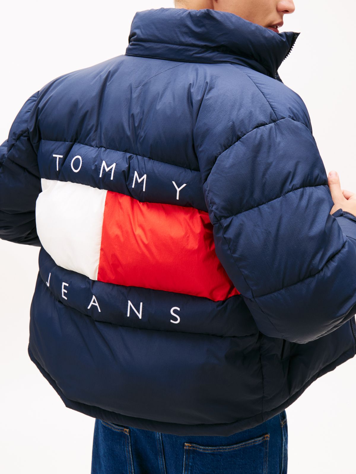 Back Logo Relaxed Hooded Puffer Jacket — Blue