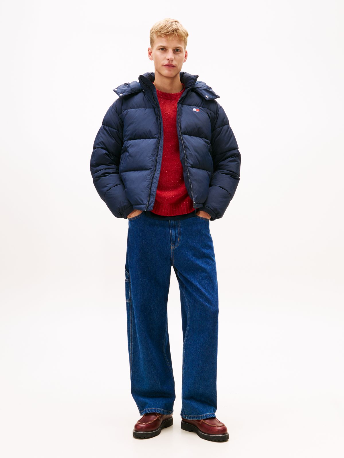Back Logo Relaxed Hooded Puffer Jacket — Blue