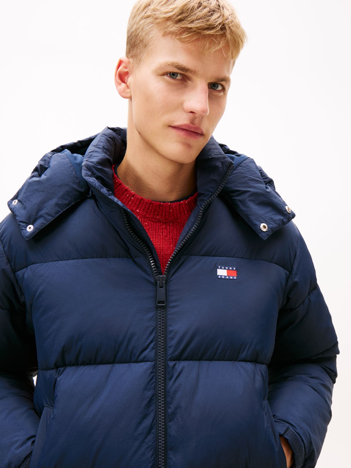 Back Logo Relaxed Hooded Puffer Jacket — Blue
