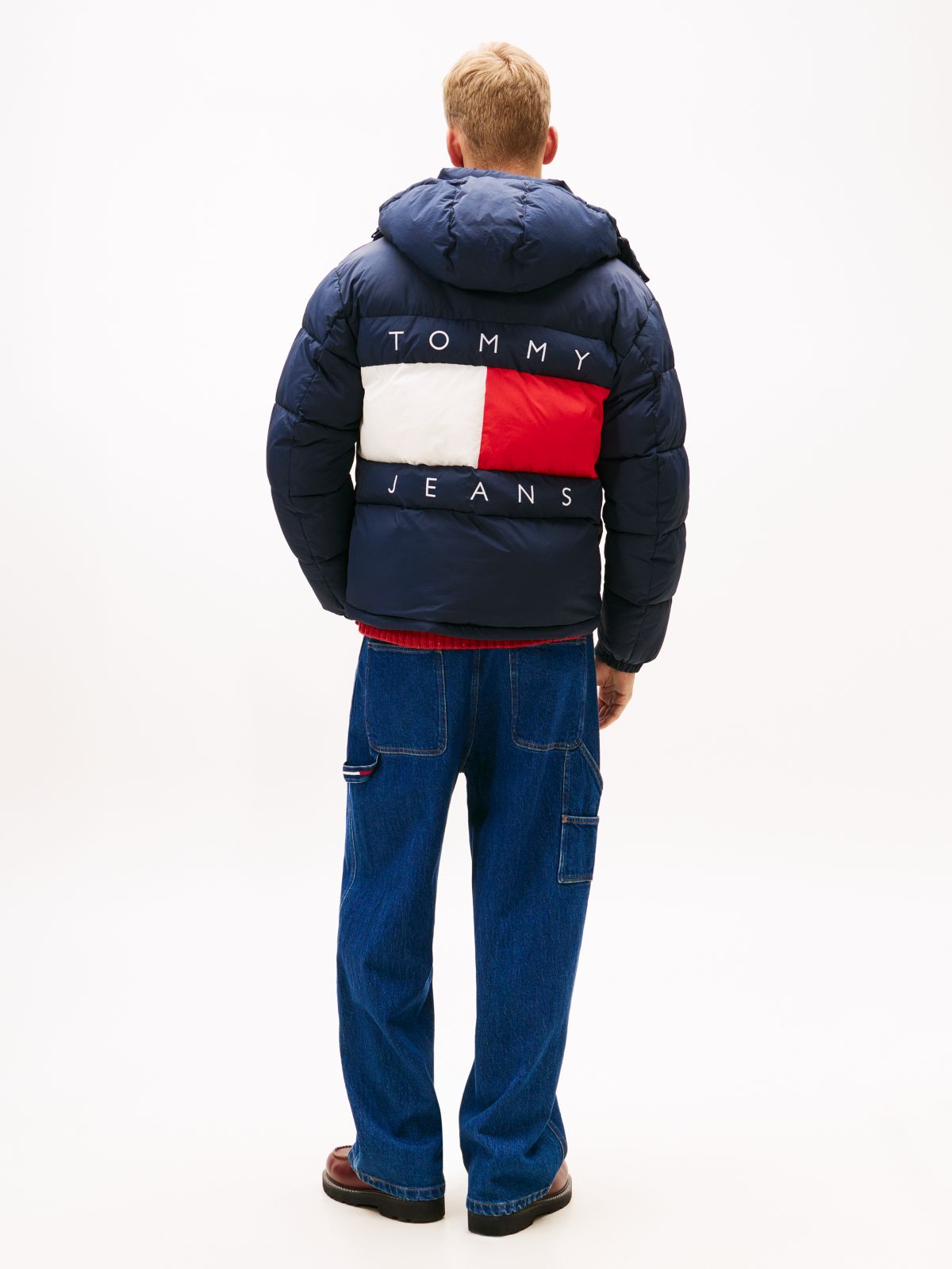 Back Logo Relaxed Hooded Puffer Jacket — Blue