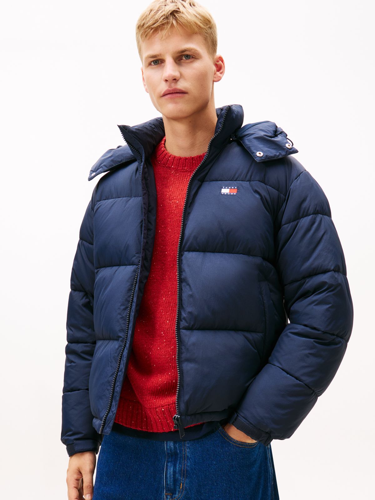 Back Logo Relaxed Hooded Puffer Jacket — Blue