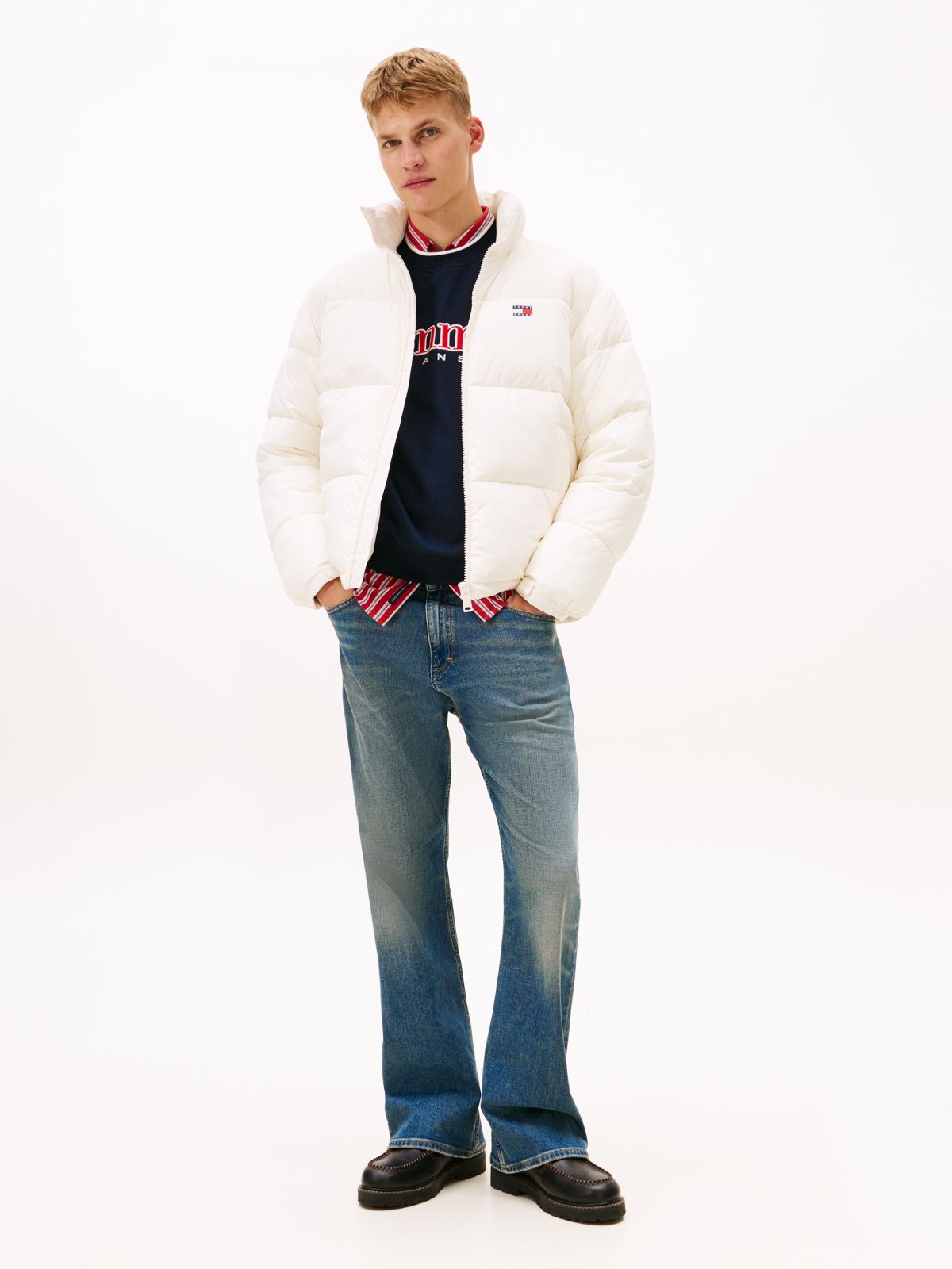 Back Logo Relaxed Hooded Puffer Jacket — White
