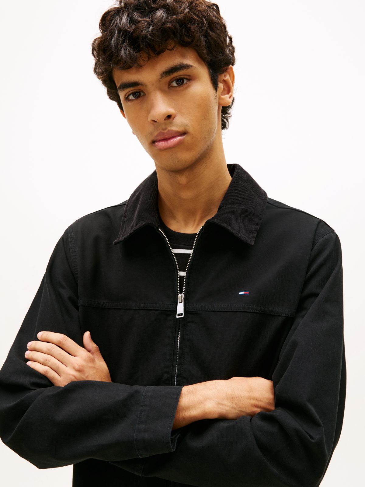 Flag Embroidery Zip-Thru Trucker Jacket — Black